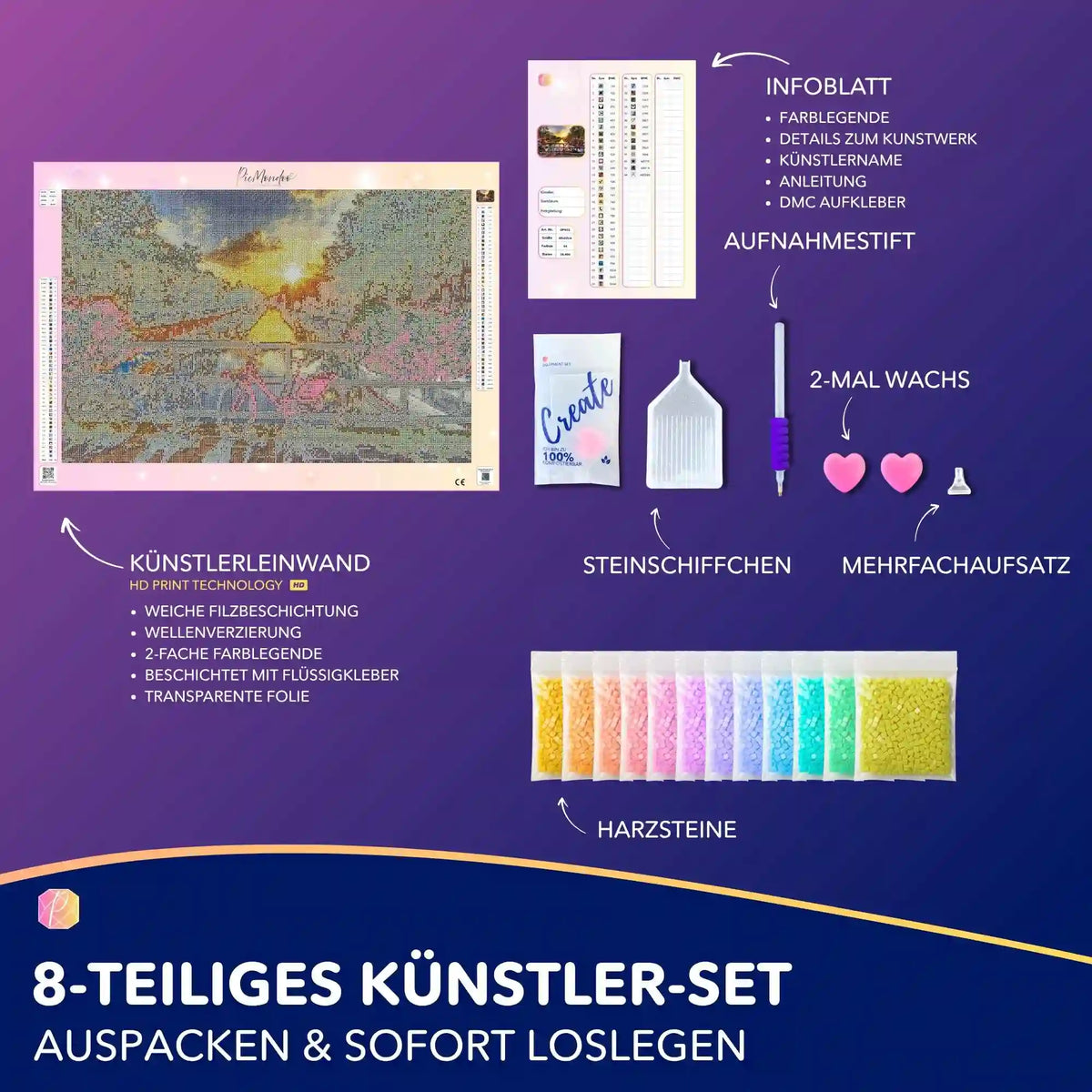 Diamond Painting Set Sonnenuntergang in Amsterdam mit Leinwand, Glitzersteinen und Bastelzubehör für kreative DIY-Kunst.