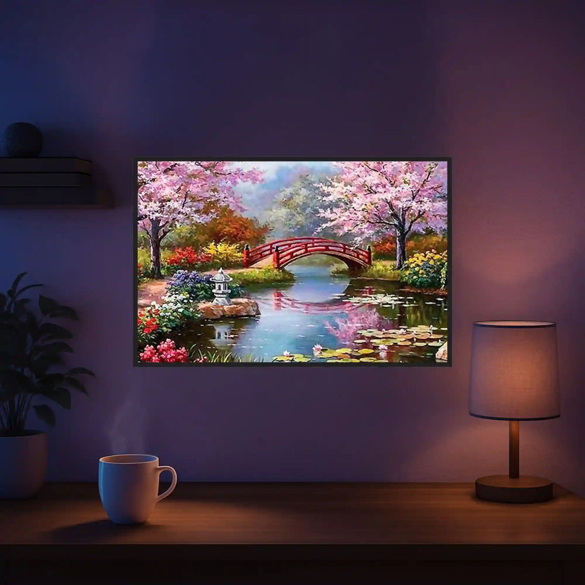 Diamond Painting Set Chinesischer Garten mit roter Brücke, blühenden Bäumen und Fluss in lebendigen Farben