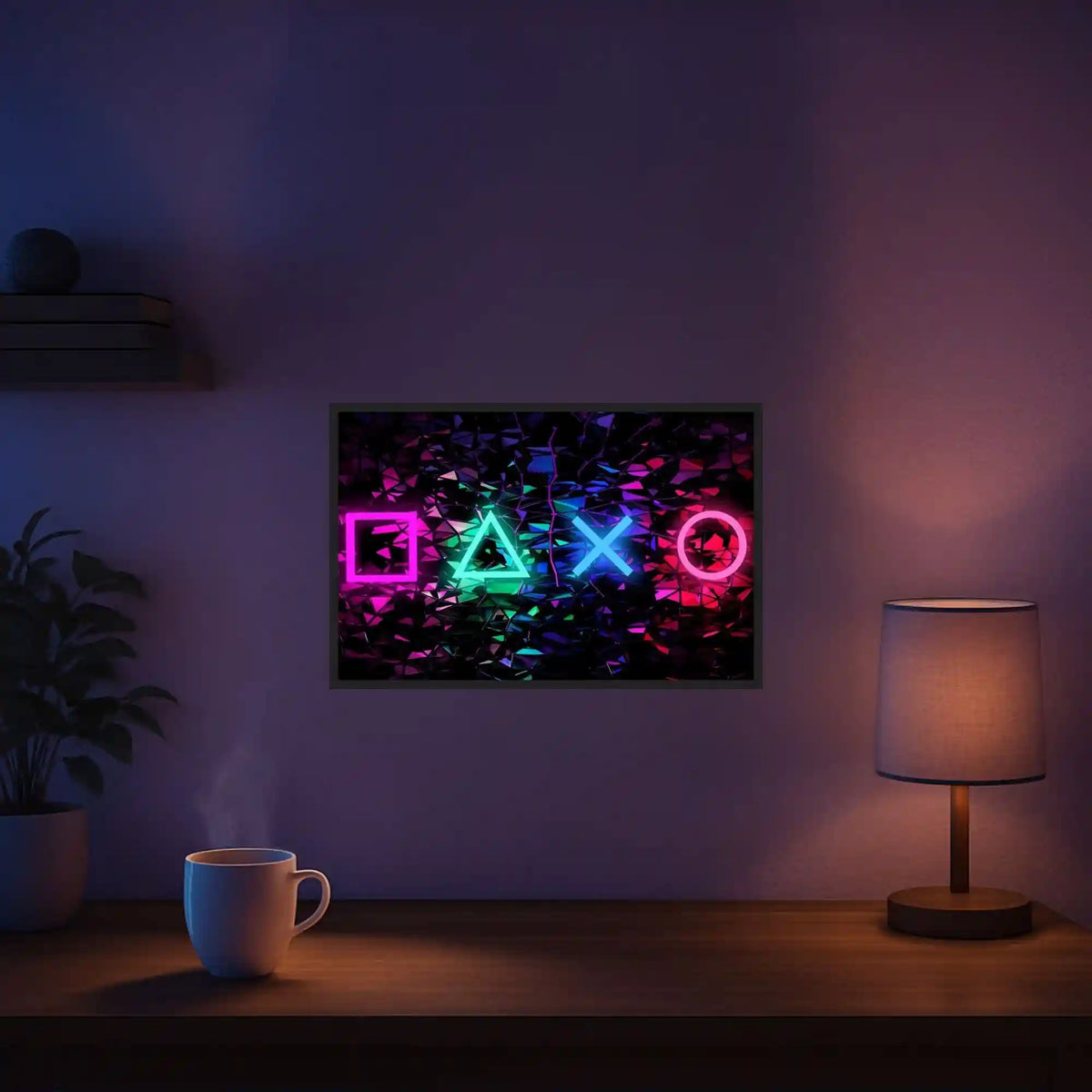Diamond Painting Set Gamer-Motiv mit leuchtenden Symbolen auf abstraktem, buntem Hintergrund für Gaming-Fans