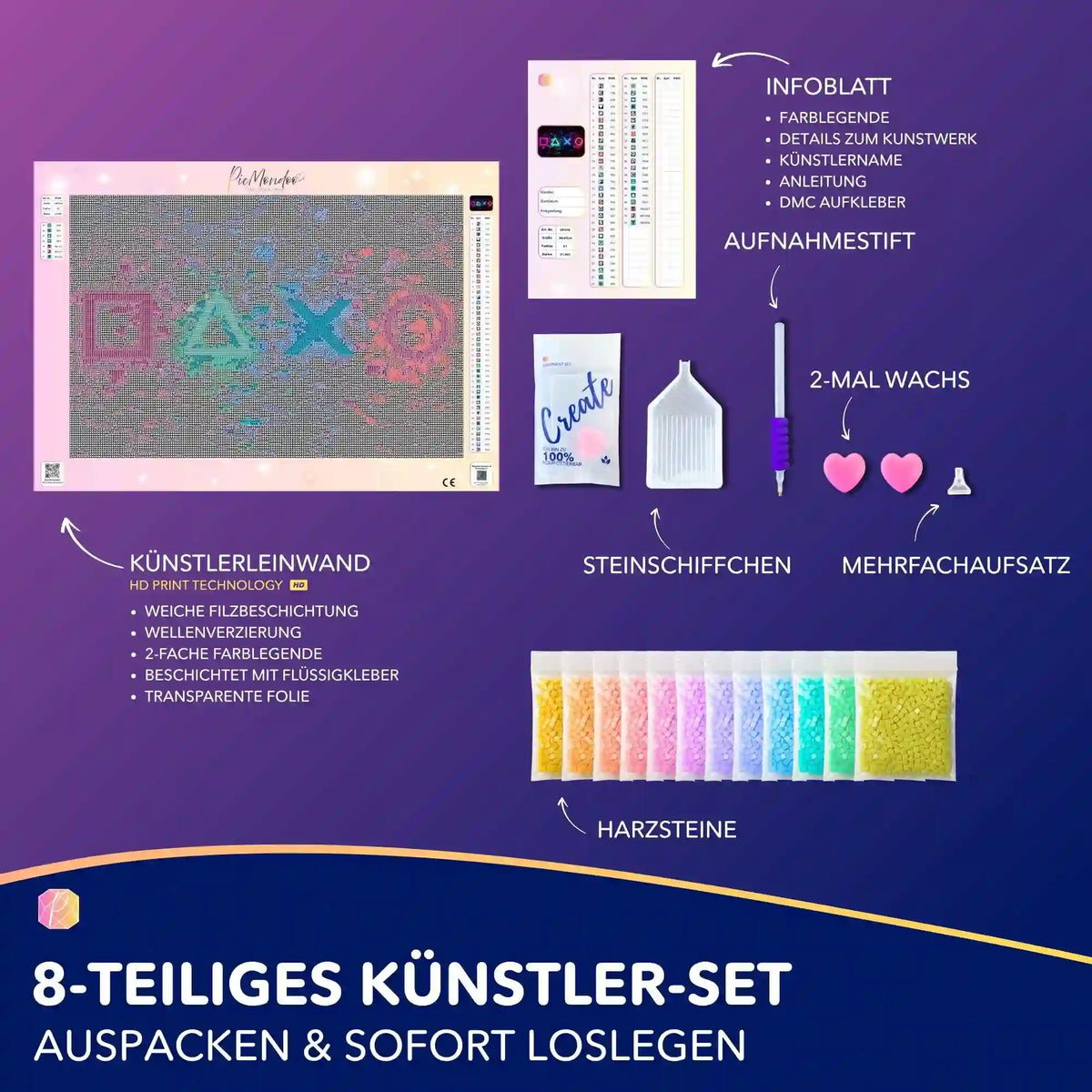 Diamond Painting Set The Game mit buntem Konsolen-Motiv, quadratischen Harzsteinen und komplettem Zubehör für Gamer.