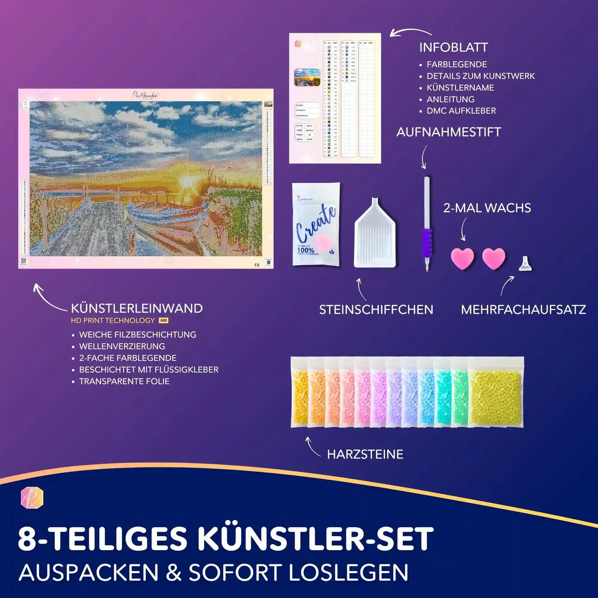 Diamond Painting Set Sonniger Abend am See mit Leinwand, quadratischen Harzsteinen und Zubehör für DIY Kunstwerke.