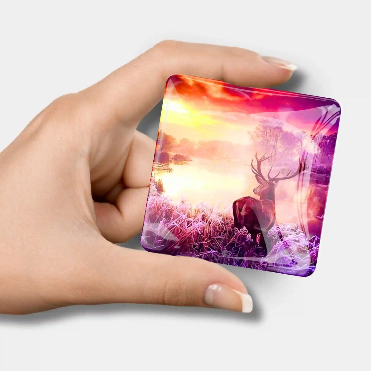 Quadratischer Diamond Painting Cover Minder aus Glas mit Hirsch-Motiv im Sonnenaufgang für DIY-Bastelsets