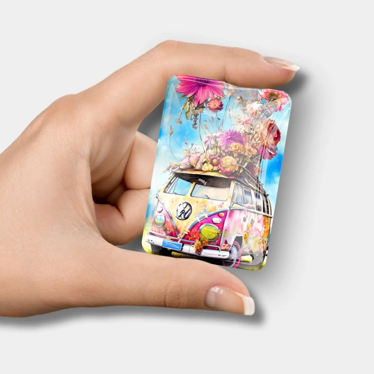 Flower Power Bully Cover Minder aus Glas für Diamond Painting Zubehör mit farbenfrohem Blumen-Bus Motiv