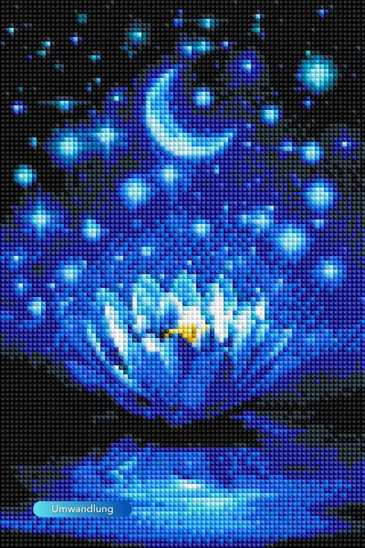 Fertiges Diamond Painting Set Blaue Seerose mit leuchtenden Sternen und Mondsichel in Quadrate-Optik