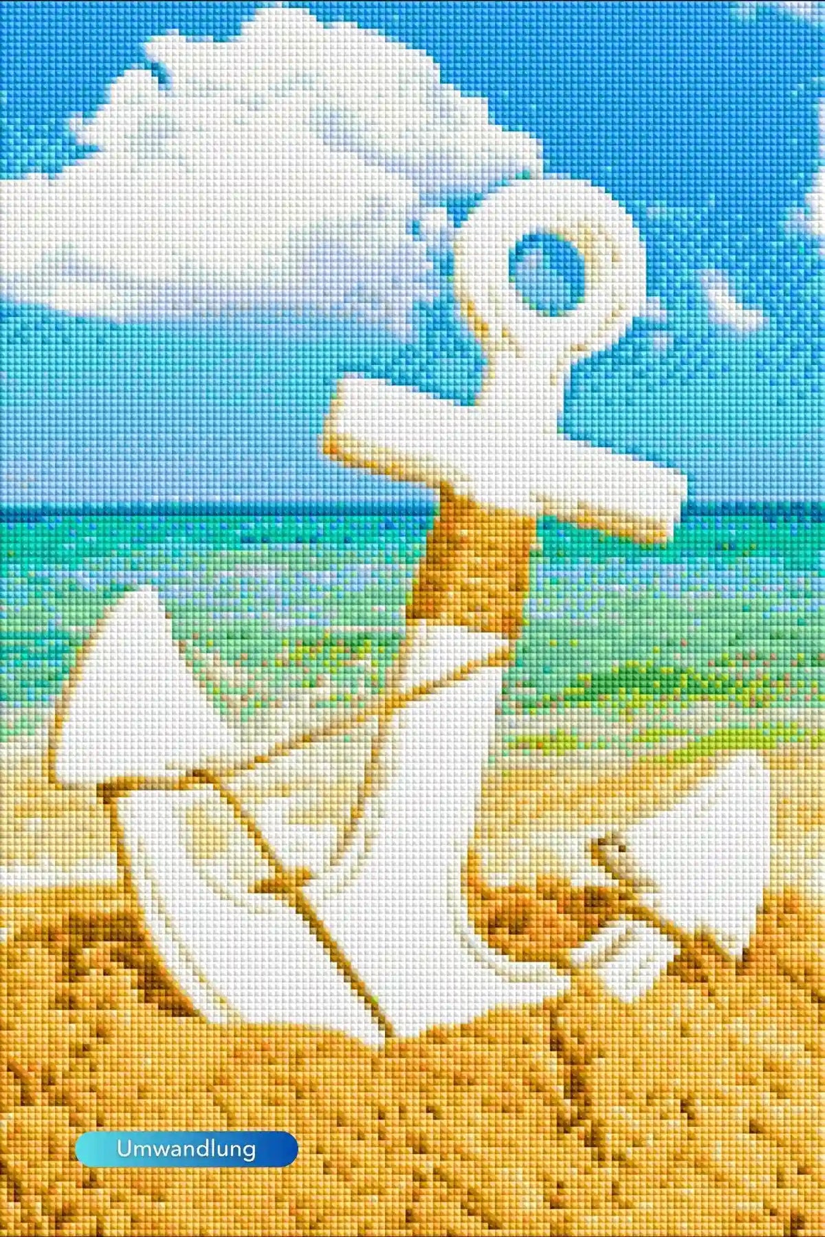 Diamond Painting Anker im Sand vor Meer und blauem Himmel, detailreiches DIY-Set Motiv für Erwachsene.