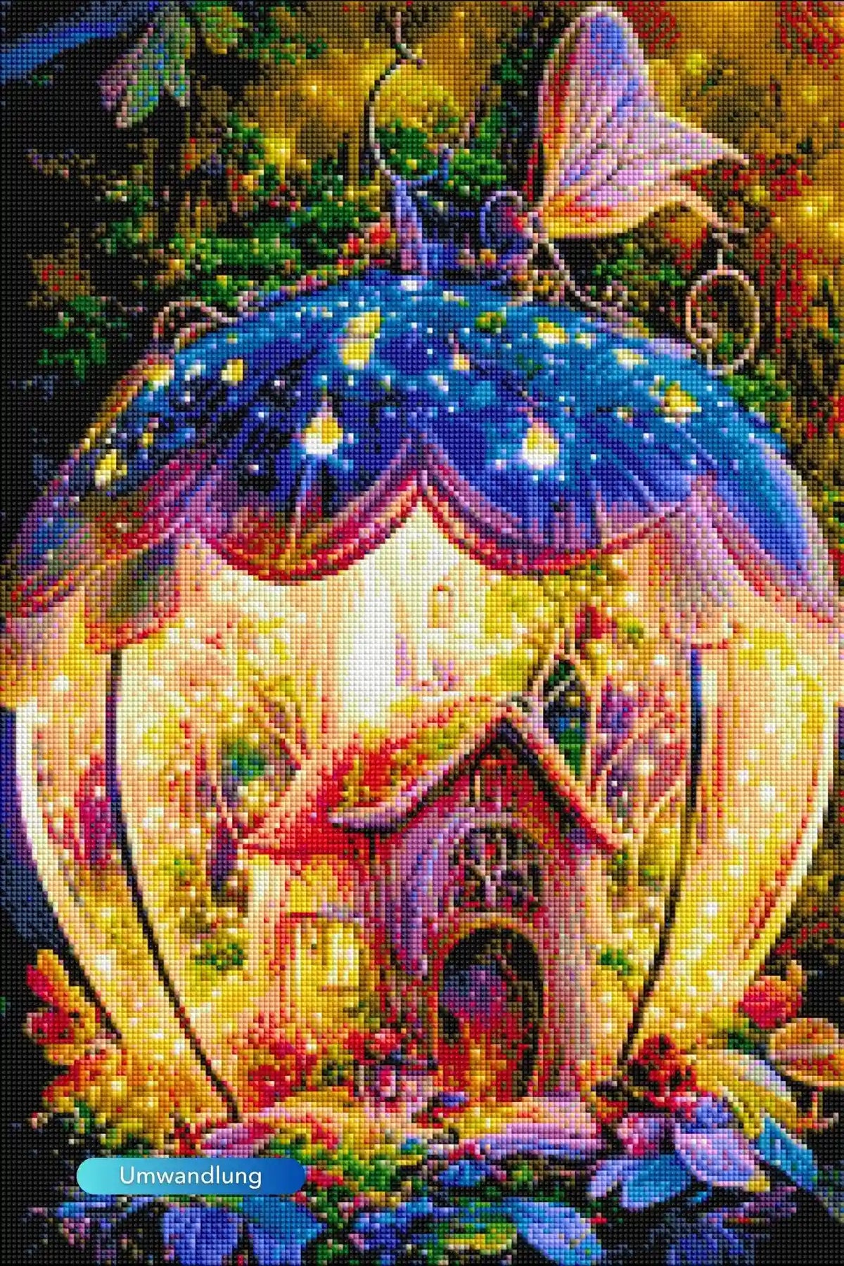 Farbenfrohes Diamond Painting Set Motiv Fantasiehaus in Glaskugel mit strahlenden Steinchen und magischer Waldkulisse