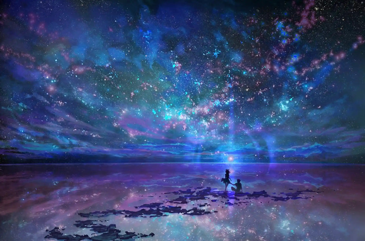 Diamond Painting Set Ozean trifft Universum mit funkelnden Sternen, Galaxie und silhouettiertem Paar am Meer.
