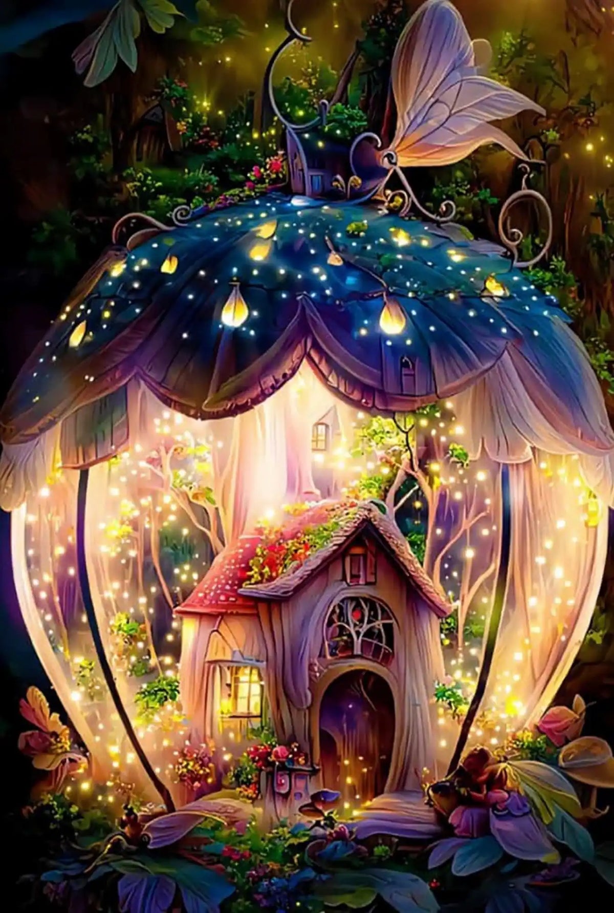 Diamond Painting Set Fantasiehaus: Märchenhaftes Häuschen in einer leuchtenden Glaskugel mit Blumen und magischem Wald