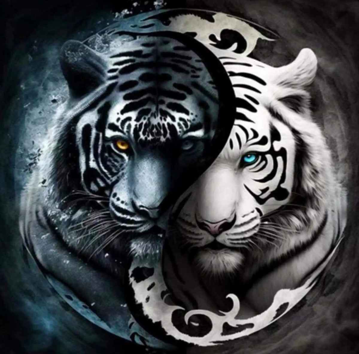 Diamond Painting Set Ying und Yang Tiger Motiv in Schwarz-Weiß mit glitzernden Details für ein entspannendes Hobby