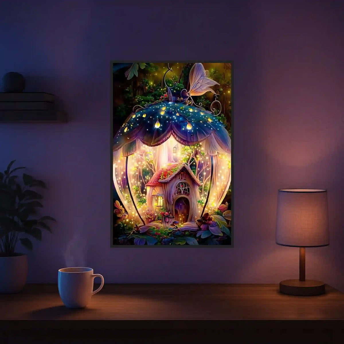 Diamond Painting Set Fantasiehaus mit leuchtendem Häuschen in einer Glaskugel, 40x60cm, detailreiches Märchenwald-Motiv.