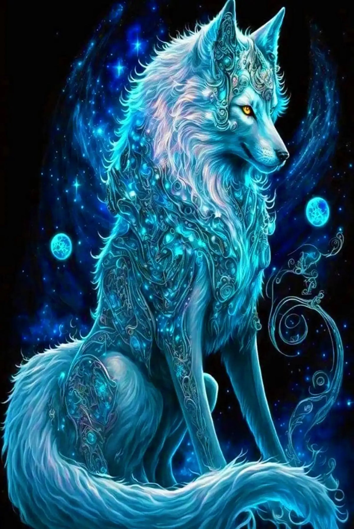 Diamond Painting Set Verzauberter Wolf mit leuchtenden Steinen im Fantasy-Design für kreative DIY-Kunstwerke