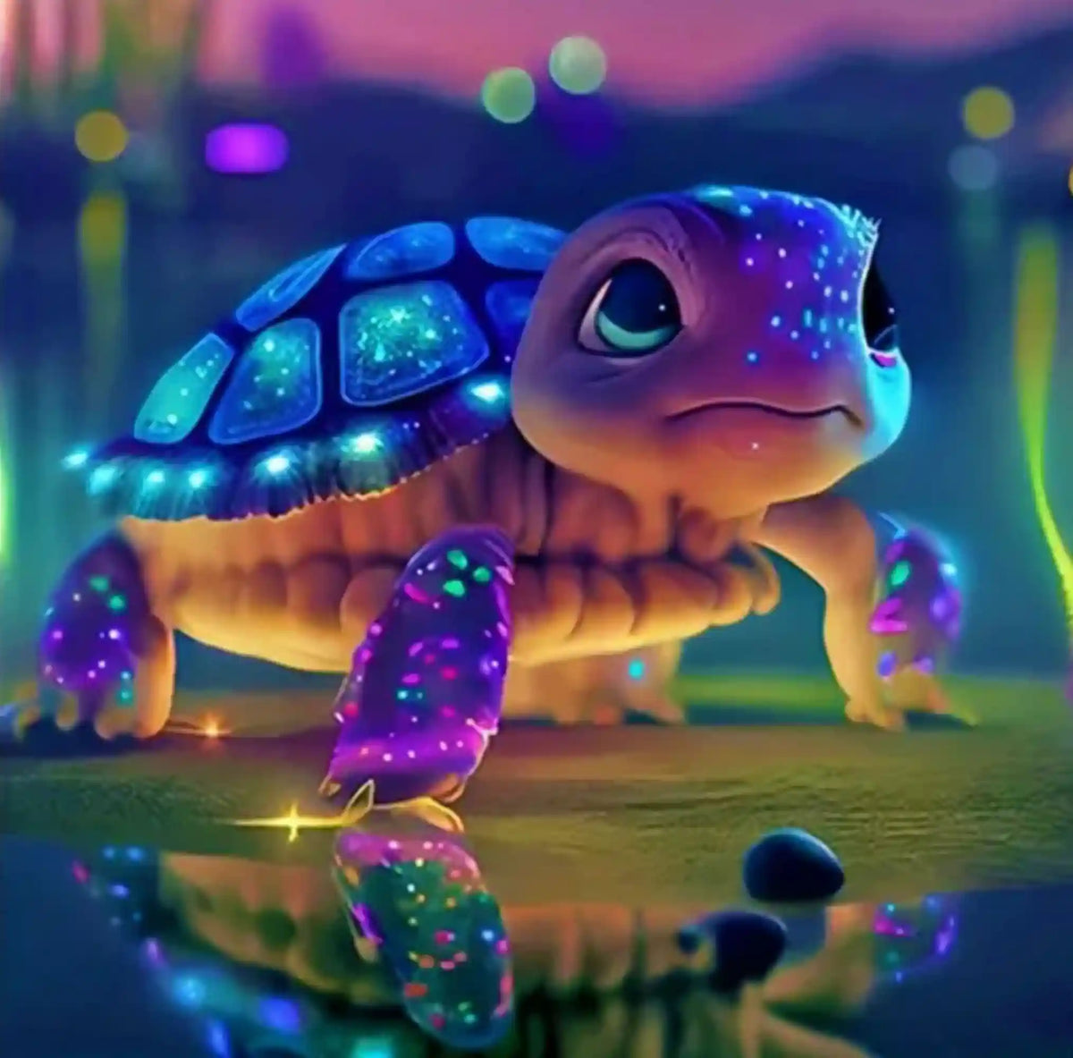 Diamond Painting Leuchtbild einer magischen Schildkröte mit glitzernden Steinen in Fantasy-Optik