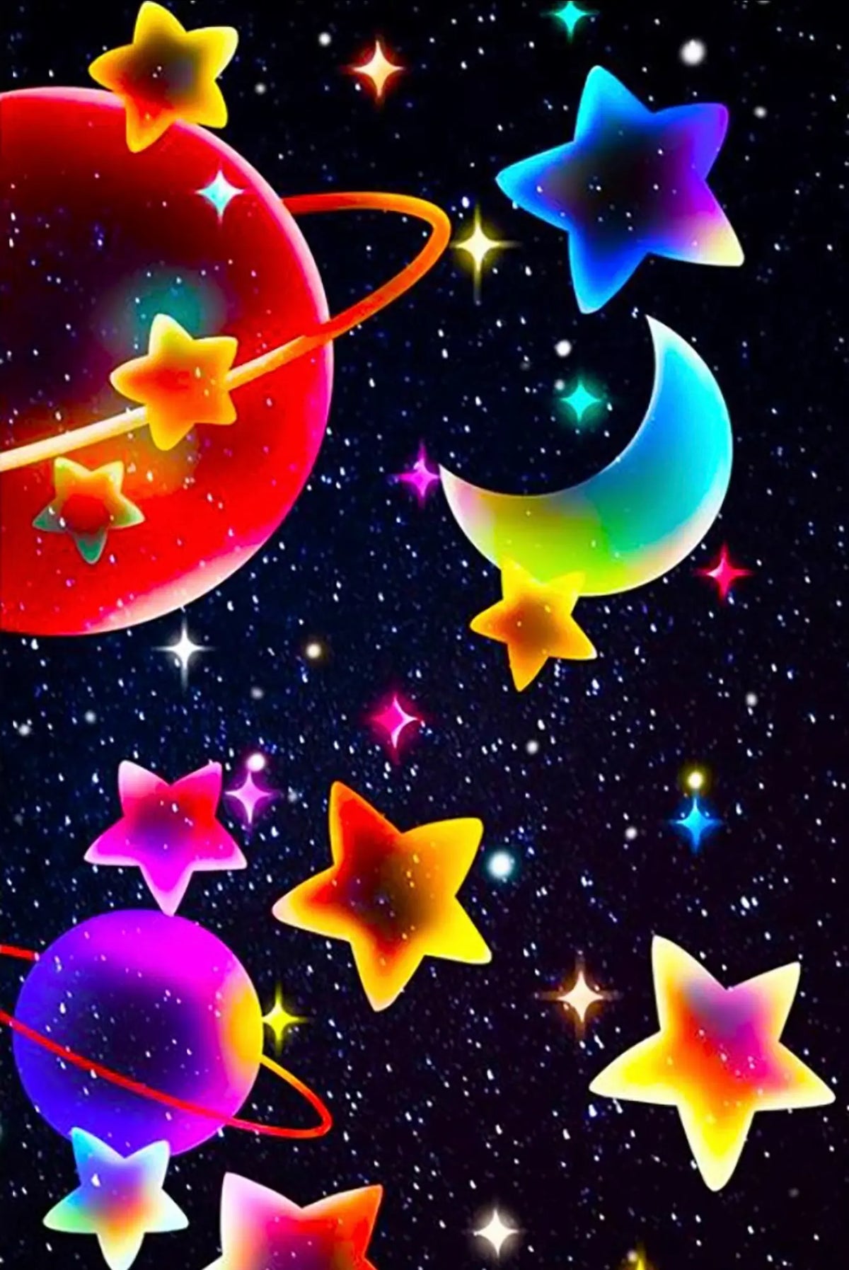 Buntes Universum Diamond Painting Set für Kinder mit leuchtenden Planeten, Sternen und Mond in 20x30cm