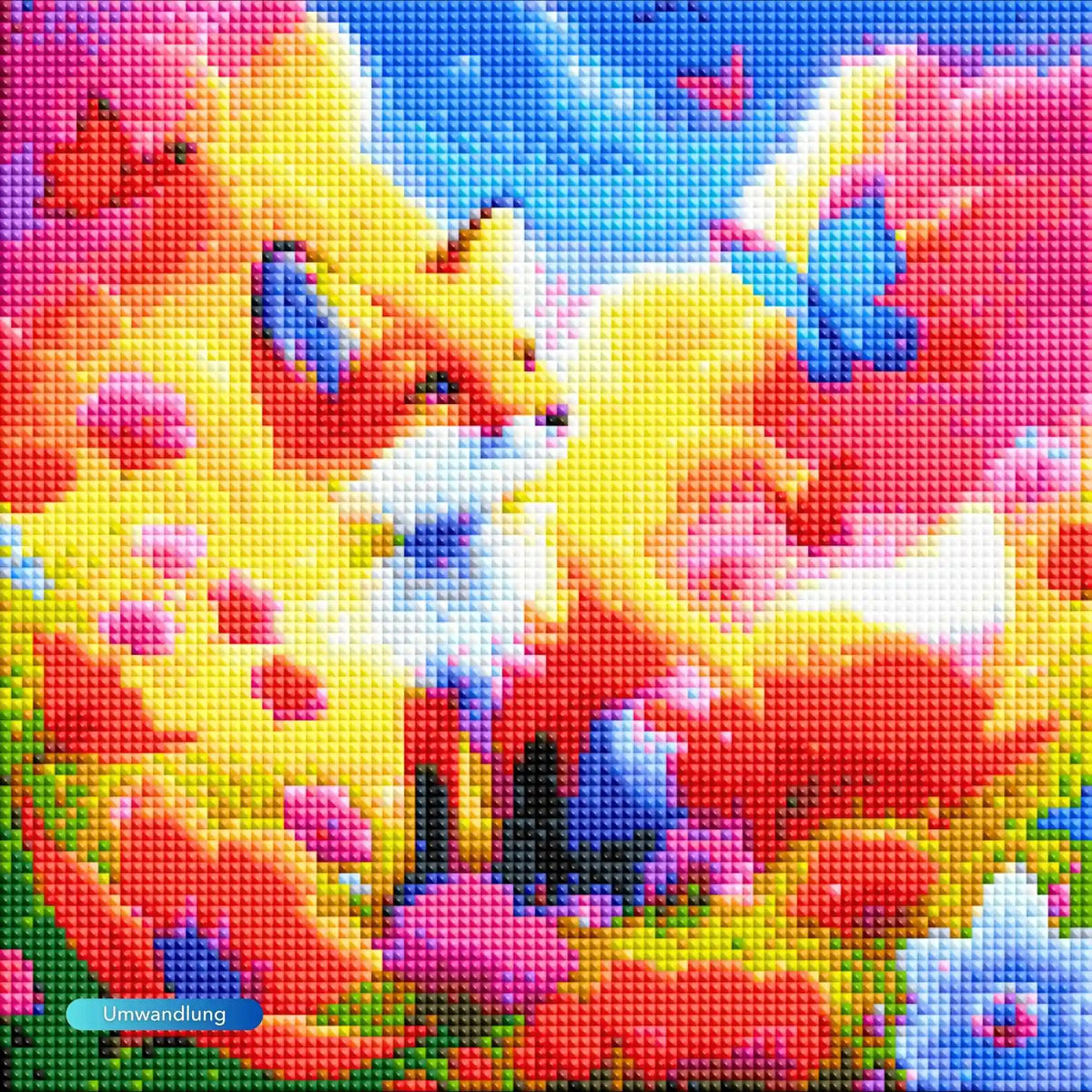 Diamond Painting Set für Kinder: Bunter Fuchs im Zauberland mit Blumen, Schmetterlingen und glitzernden Steinen