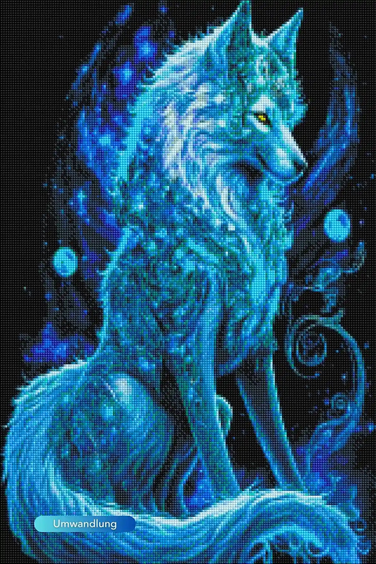 Diamond Painting Set Verzauberter Wolf mit leuchtenden Steinen in Blau-Tönen auf 40x60cm Leinwand.