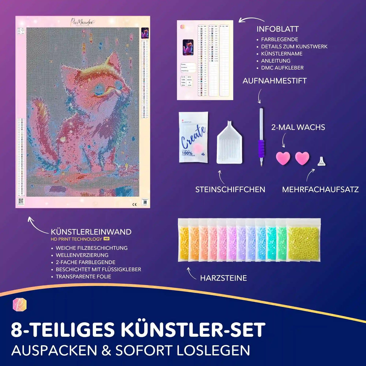 Diamond Painting Set Zuckerkätzchen mit leuchtenden Steinen, Leinwand, Werkzeug und bunten Harzsteinen für DIY-Kunst.
