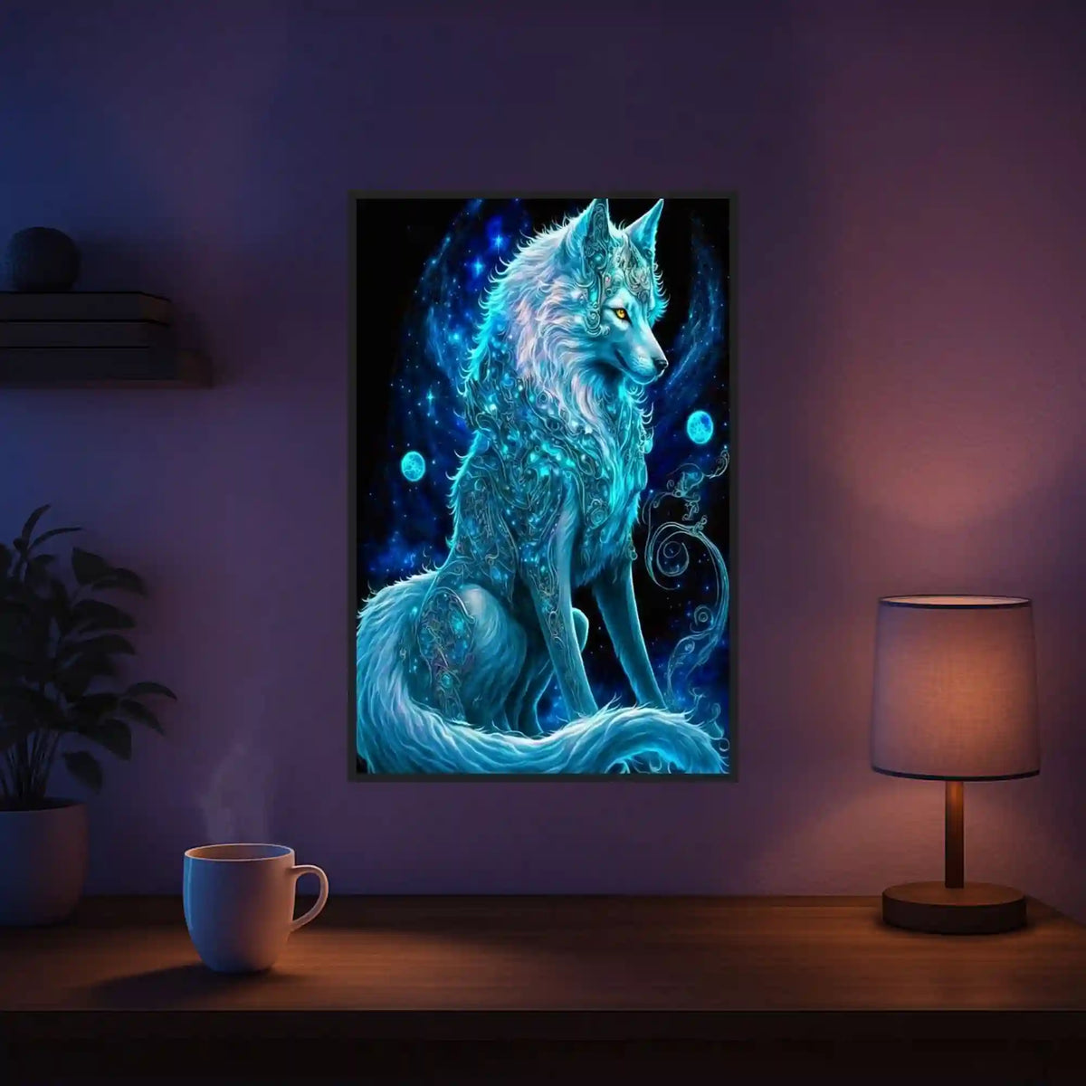 Diamond Painting Leuchtbild Verzauberter Wolf mit leuchtenden Steinen als fantasievolles DIY-Set für Erwachsene