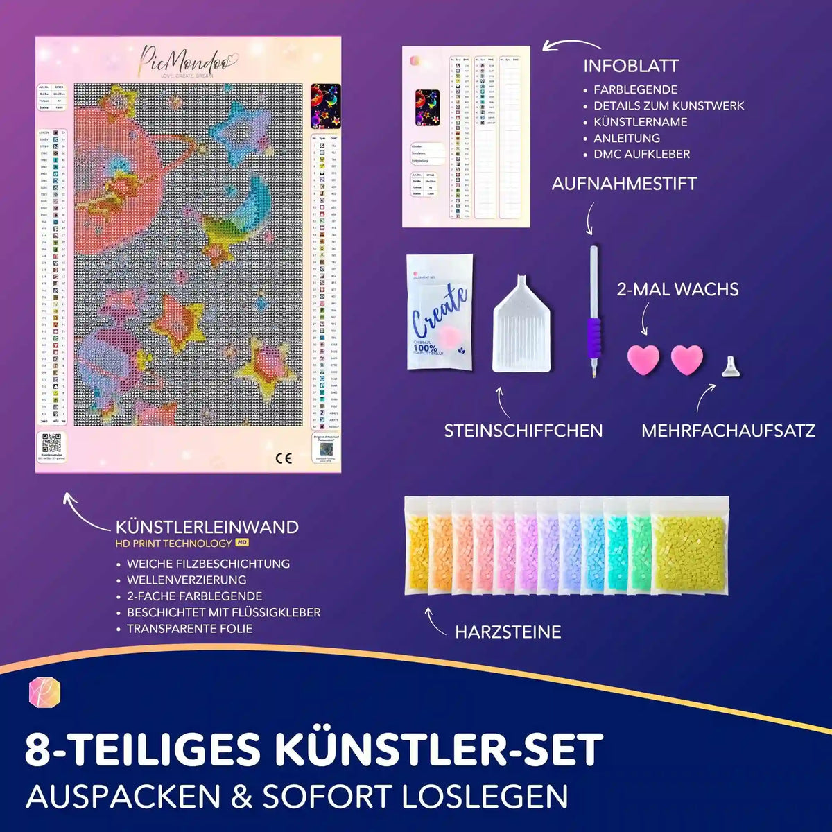 Diamond Painting Set Buntes Universum für Kinder: Komplette Ausstattung mit Leinwand, Glitzersteinen und Bastelwerkzeug.
