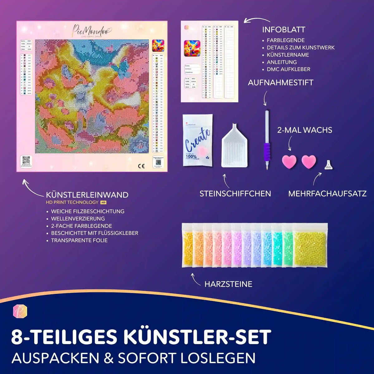 Diamond Painting Set für Kinder mit Fuchs-Motiv, bunter Leinwand, Harzsteinen und Zubehör wie Stift und Wachs