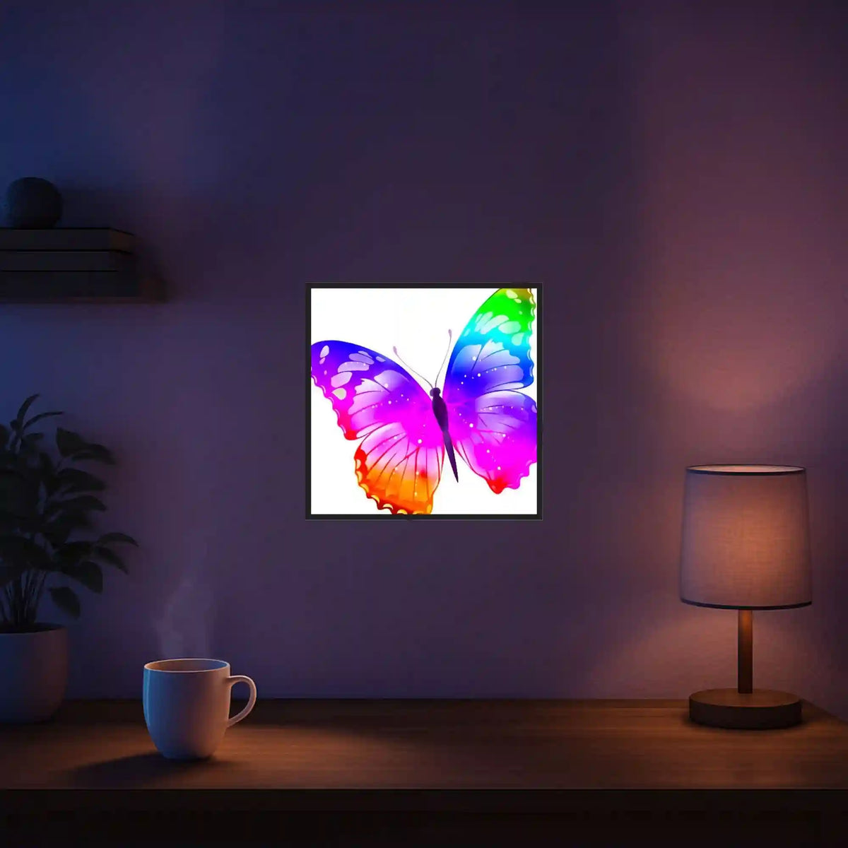 Diamond Painting Set für Kinder mit buntem Schmetterling Motiv als Wanddekoration in einem gemütlichen Zimmer