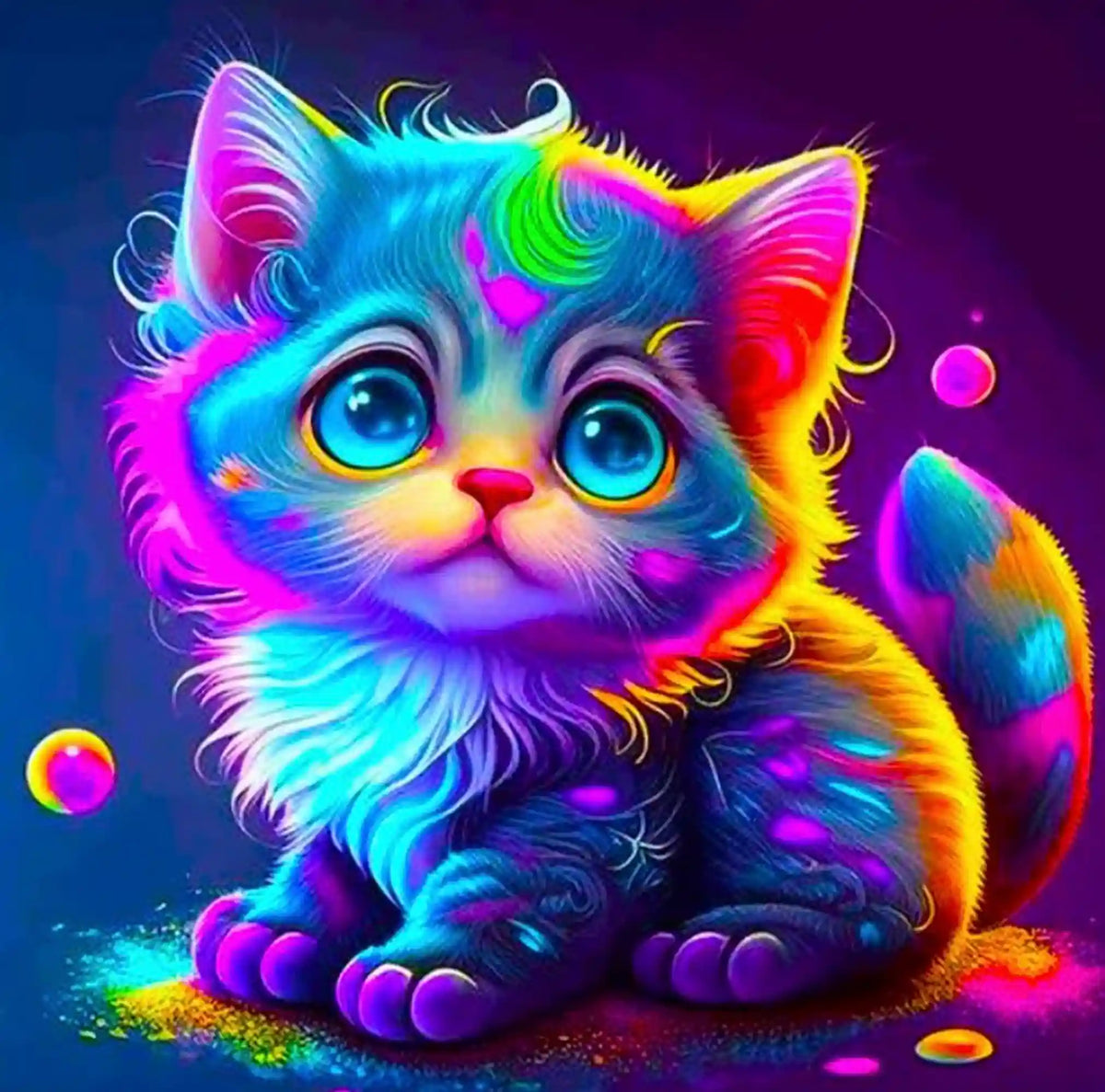 Buntes Rainbow Kitty Diamond Painting Set für Kinder mit süßer Katze in leuchtenden Neonfarben und Glitzersteinen