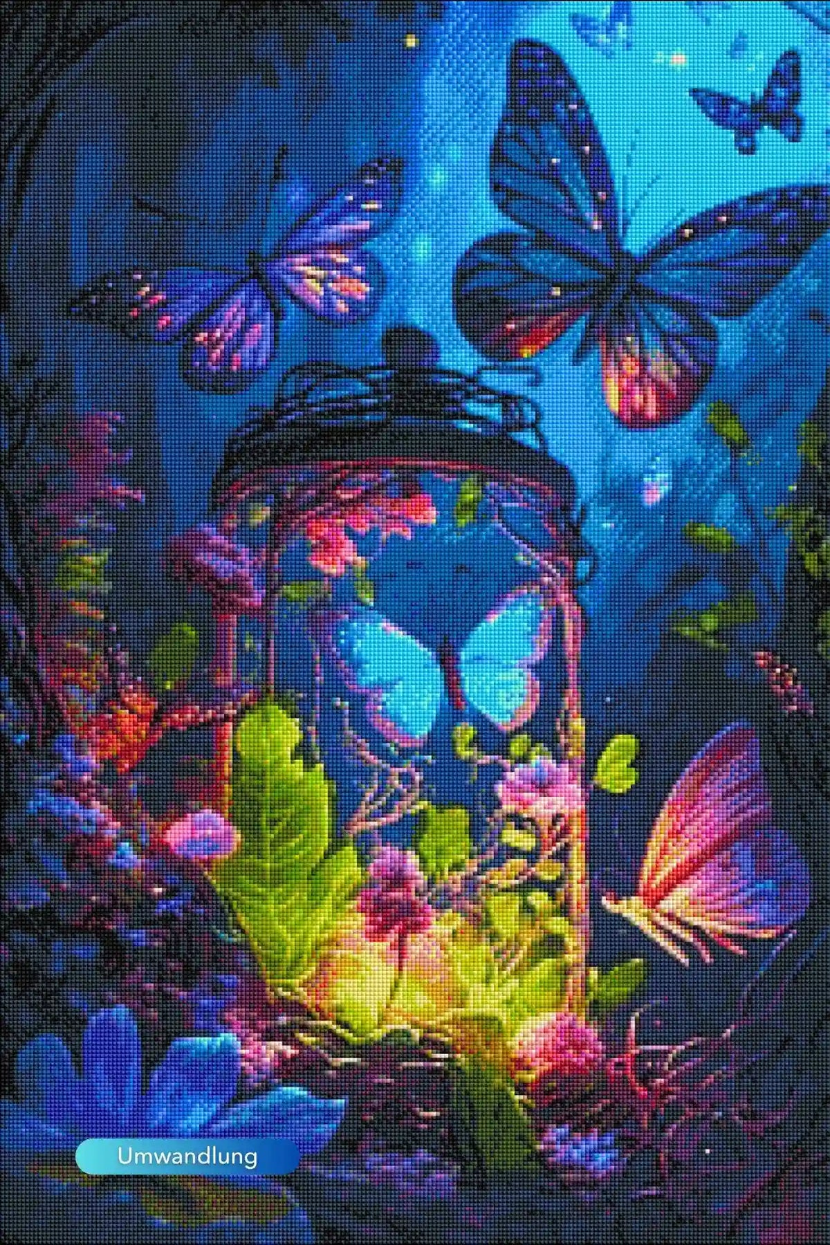Diamond Painting Set Nacht der Schmetterlinge mit leuchtenden Steinen und buntem Fantasy-Motiv in einem gläsernen Käfig