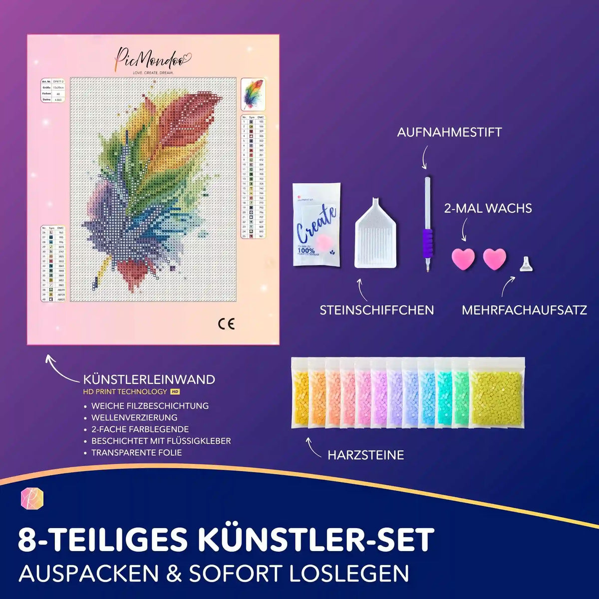 Diamond Painting Set Mini mit bunter Feder: 15x20cm Leinwand, Zubehör und farbenfrohe Glitzer-Steine für DIY-Kunstwerke.