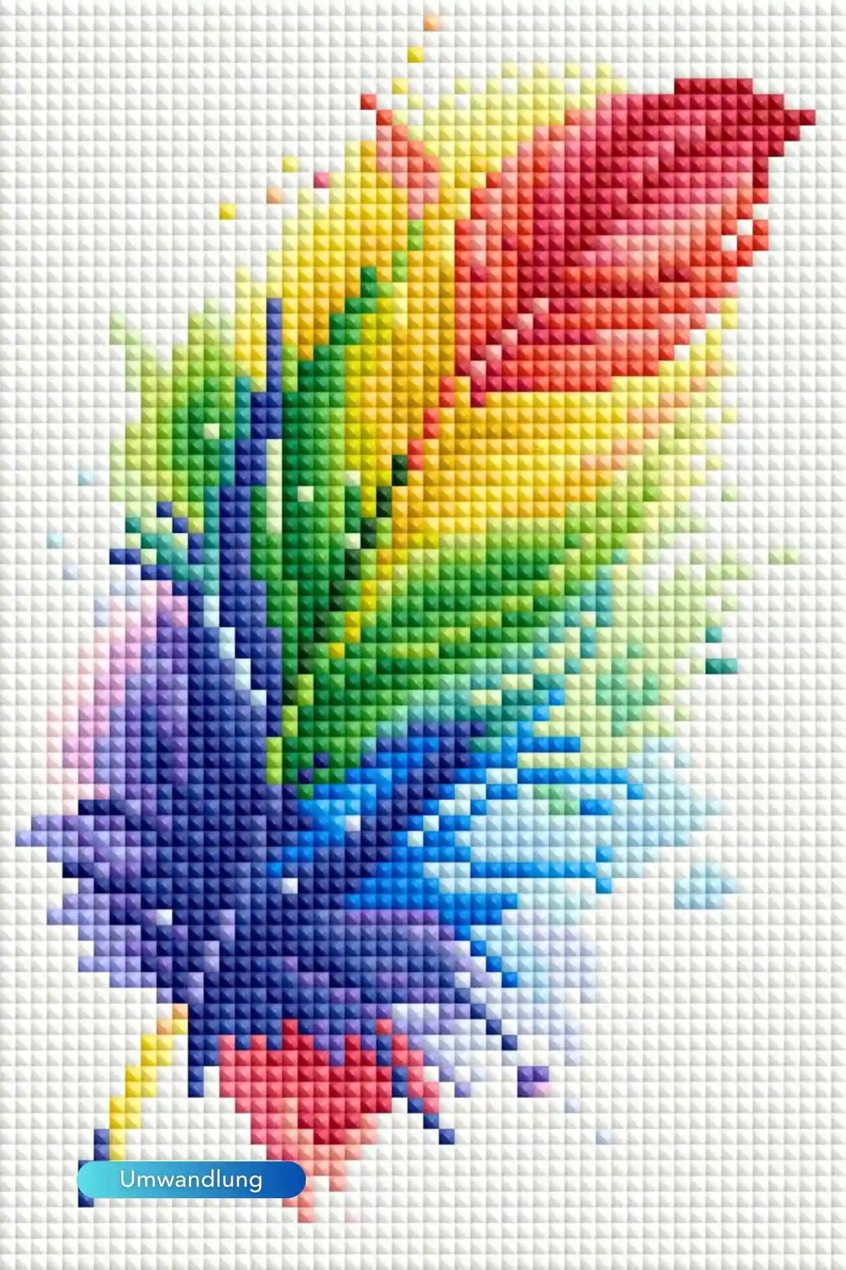 Diamond Painting Set Rainbow Feather: Bunte Feder aus glitzernden Steinen auf Leinwand, 15x20cm Mini-Motiv.