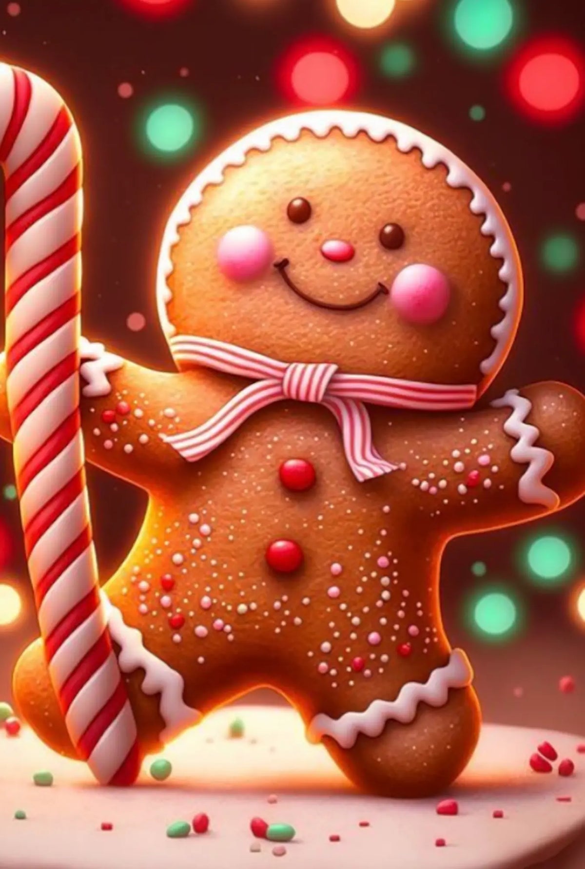 Süßes Lebkuchenmännchen mit Zuckerstange als Diamond Painting Set für weihnachtliche DIY-Bastelstunden