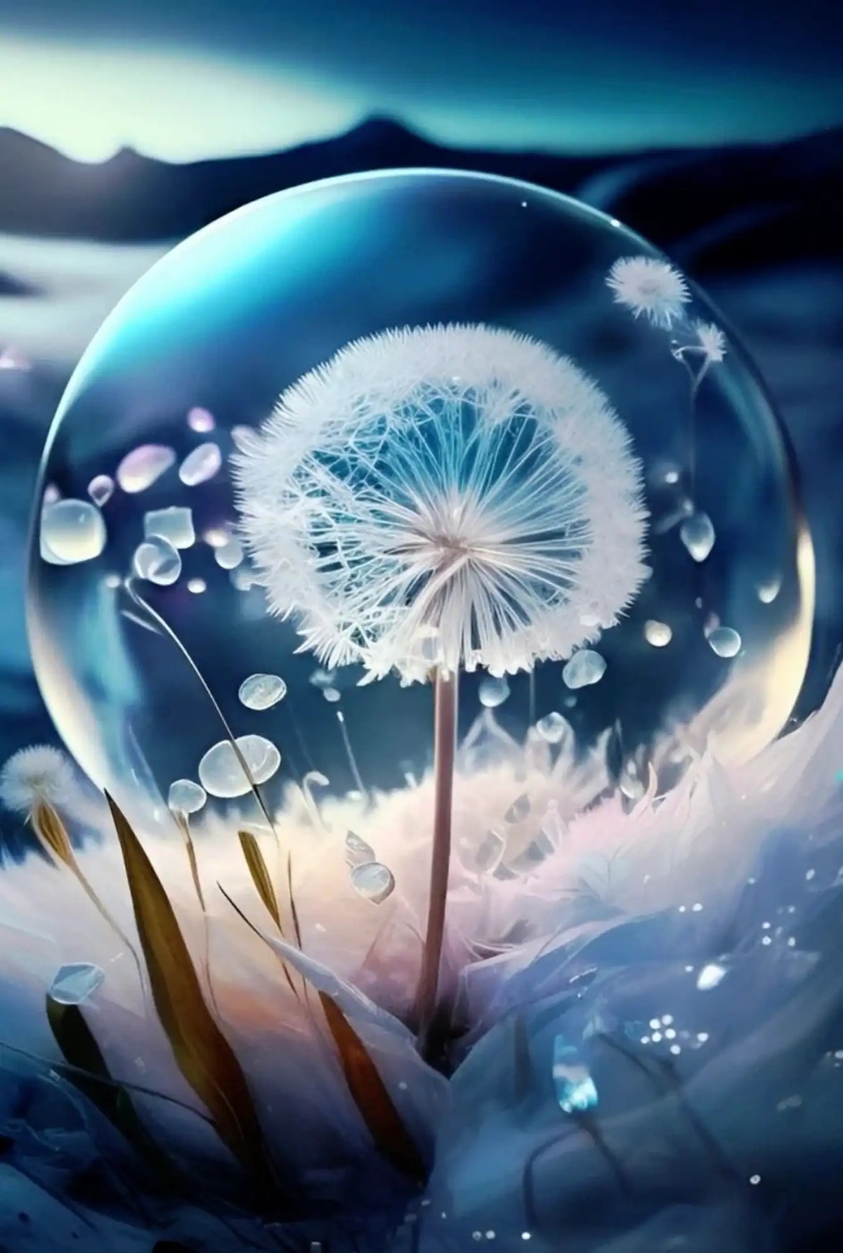 Diamond Painting Set Pusteblume in Eiskristall-Glaskugel mit leuchtenden Steinen in einer winterlichen Schneelandschaft