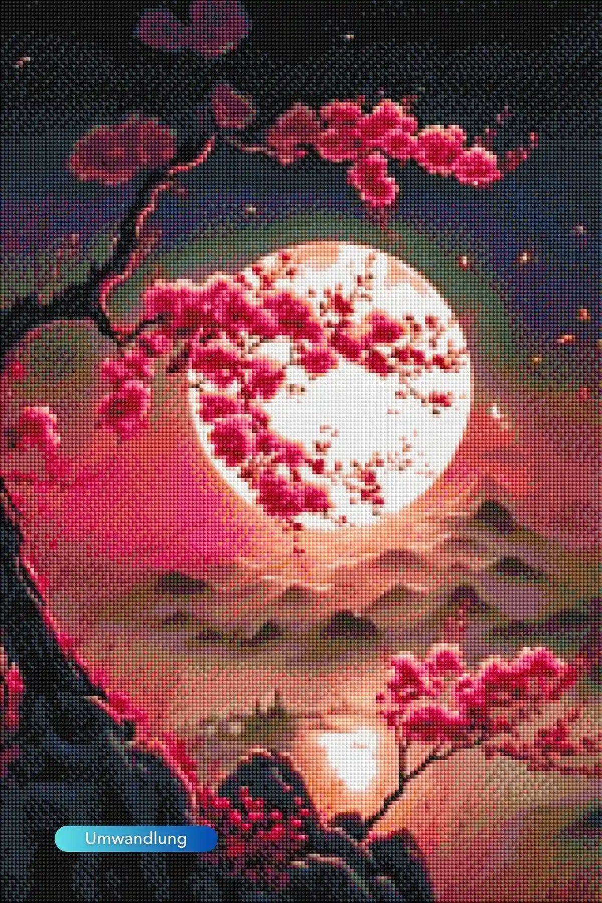 Diamond Painting Leuchtbild mit Kirschblüten vor einem Vollmond in rosa und pinken Farbtönen
