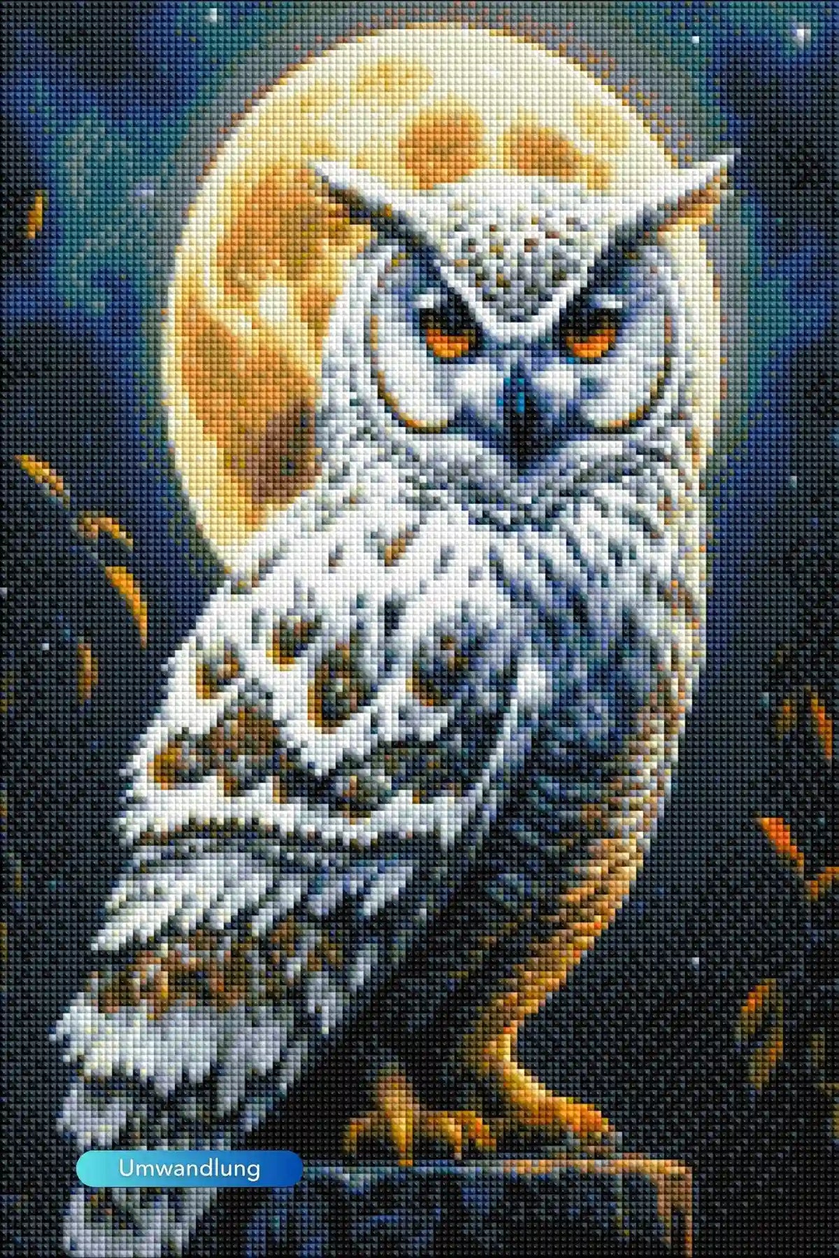 Diamond Painting Set leuchtende Eule vor Vollmond, detailliertes DIY-Mosaik mit Glitzersteinen im Nachtdesign