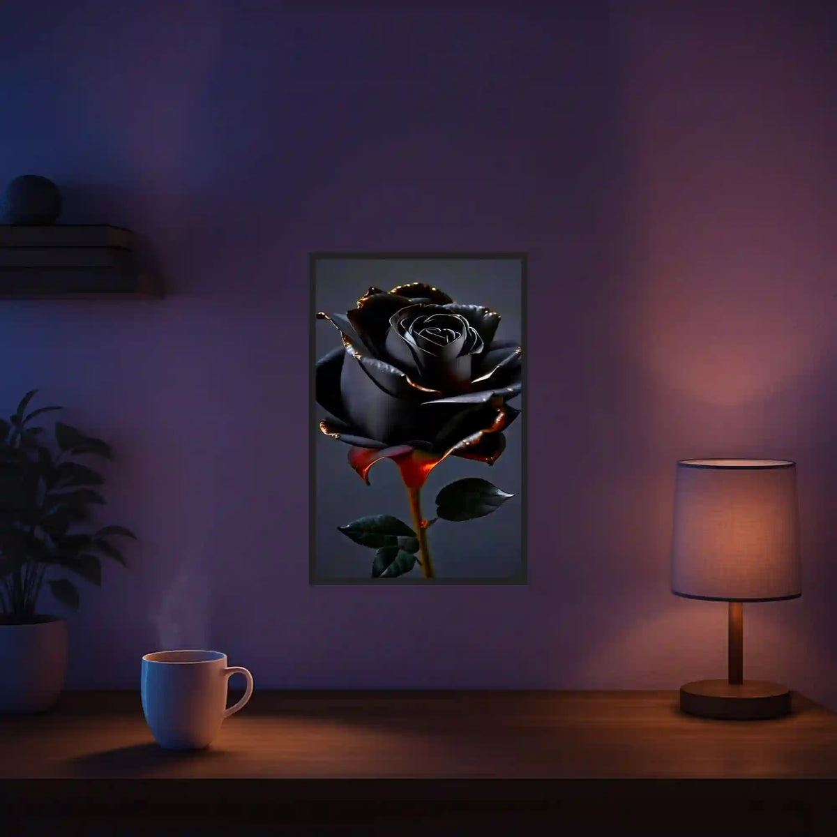 Diamond Painting Set Black Rose als realistisches Wandbild mit glitzernden Details für Erwachsene
