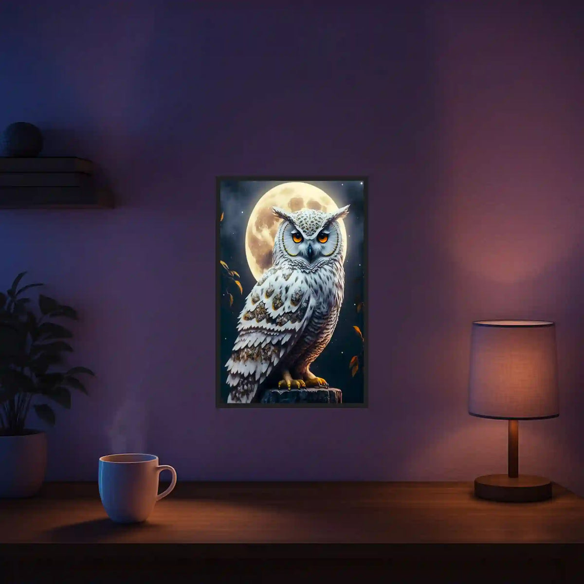 Diamond Painting Leuchtbild Eule im Mondschein mit glitzernden Steinen als stimmungsvolle Wanddekoration