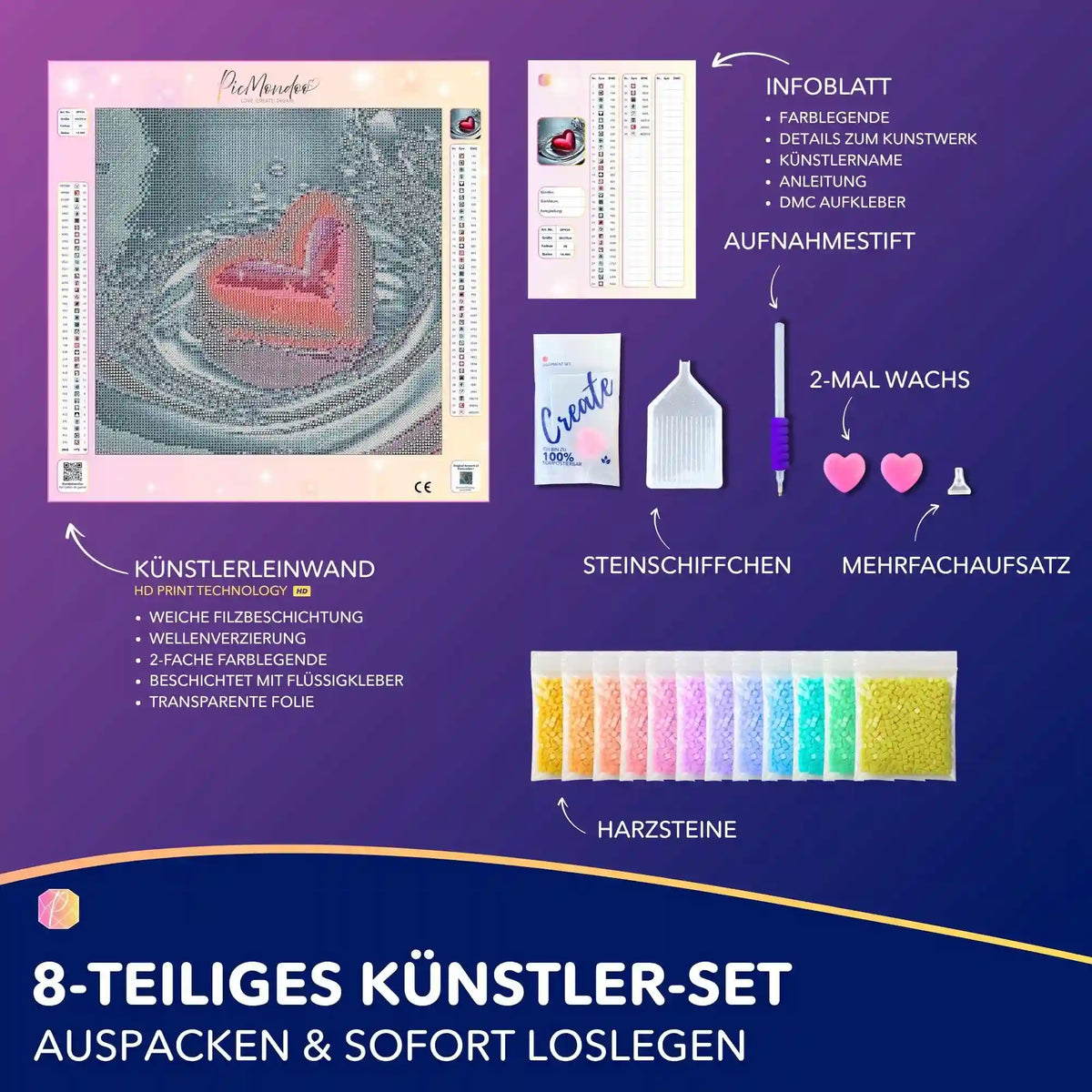 Diamond Painting Set Waterheart mit Leinwand, eckigen Steinchen und Werkzeug für das abstrakte Motiv eines roten Herzens.