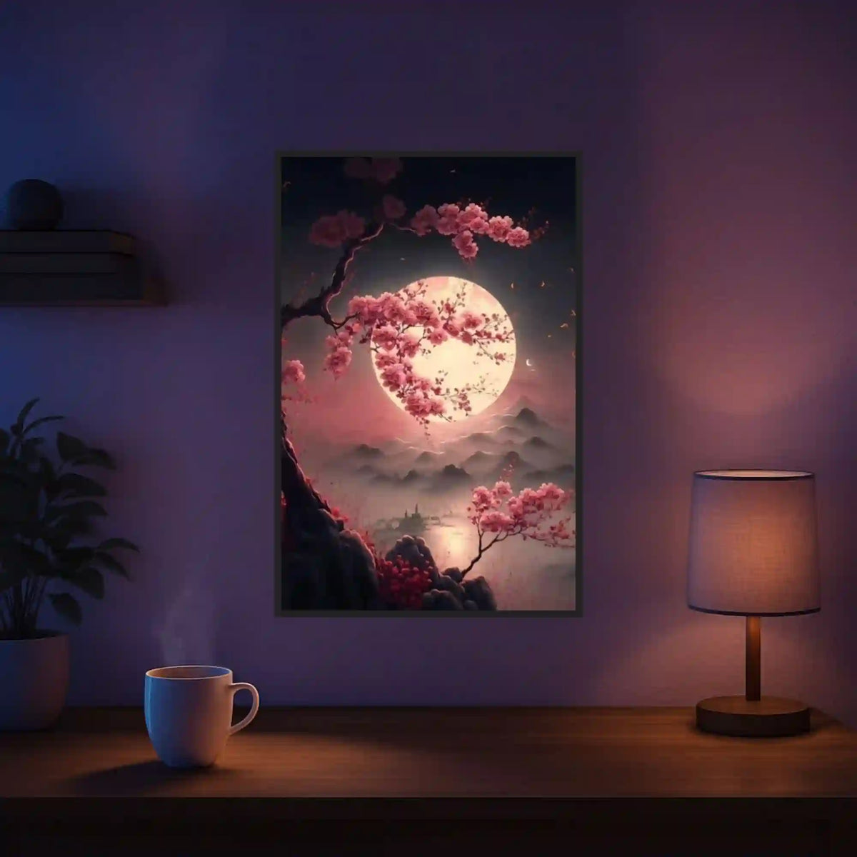 Diamond Painting Leuchtbild mit Kirschblüten im Mondschein, kunstvolle Landschaft mit leuchtenden Steinen