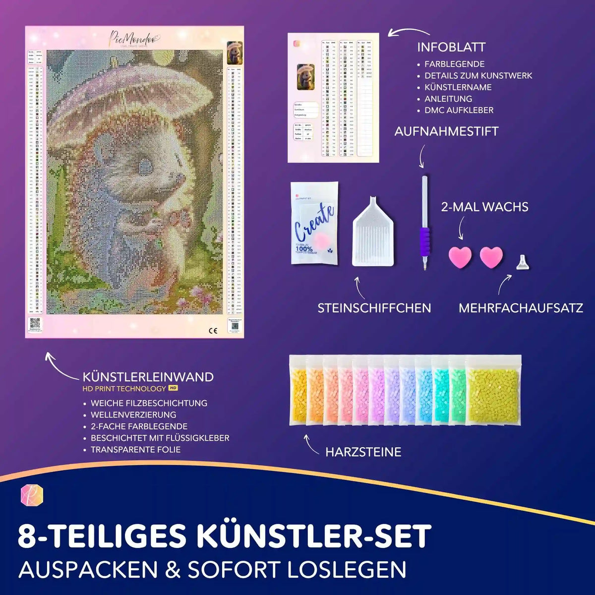 Diamond Painting Set Igelchen im Sonnenlicht mit Leinwand, bunten Harzsteinen und Zubehör für DIY-Bastelspaß.