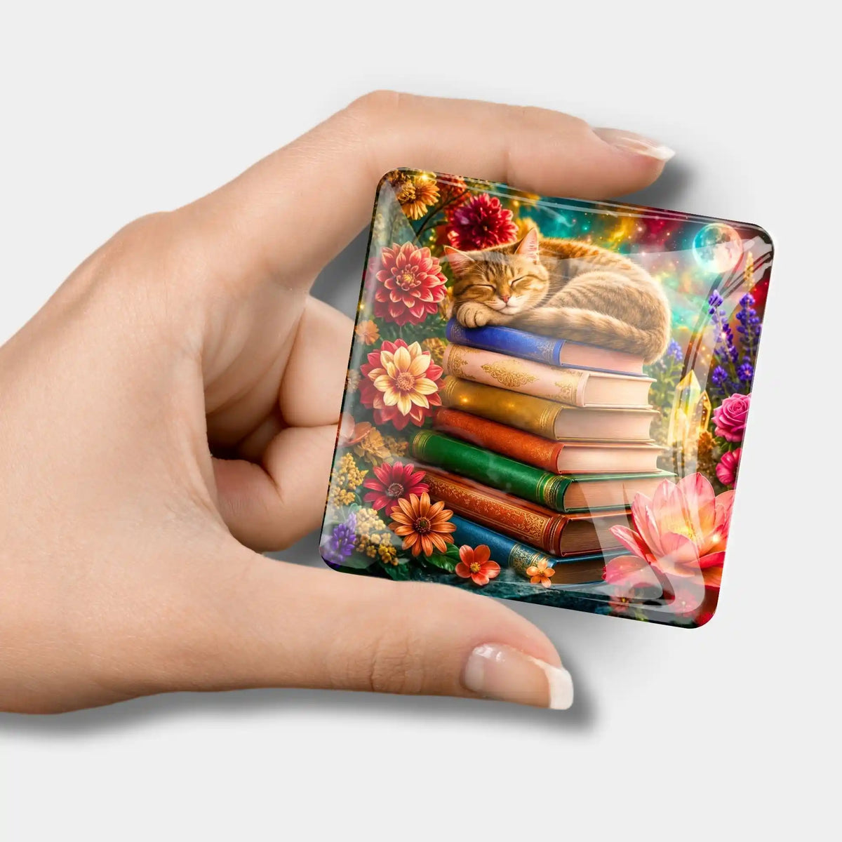 Diamond Painting Cover Minder Bücherträumerei aus Glas mit schlafender Katze auf bunten Büchern