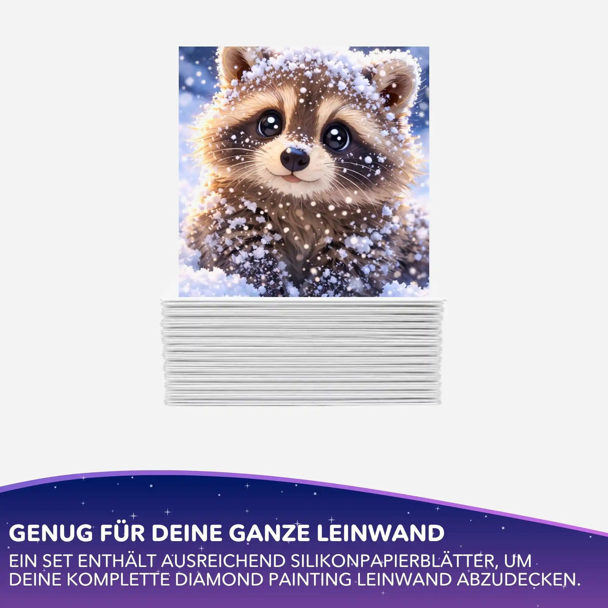 Silikonpapier-Set Nivali für Diamond Painting: Papierstapel mit winterlichem Waschbär-Motiv.