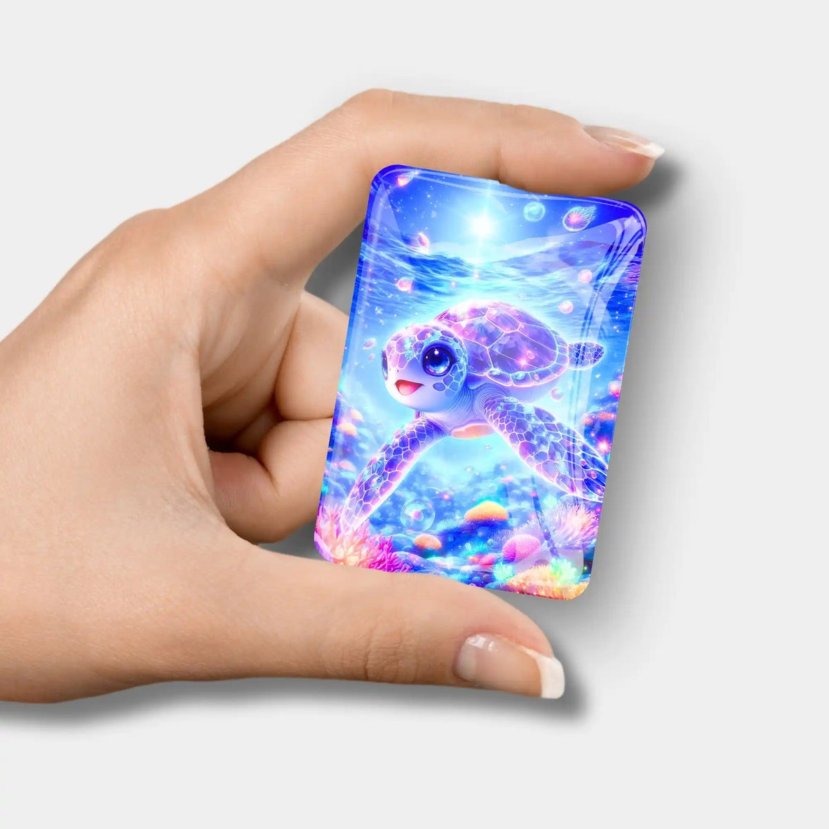 Diamond Painting Cover Minder aus Glas mit bunter Schildkröte im Meer, gehalten von einer Hand