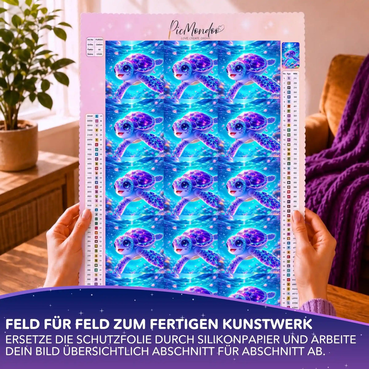 Silikonpapier-Set Sternenschildi für Diamond Painting: 10x10 cm Abschnitte auf bunter Schildkröten-Leinwand