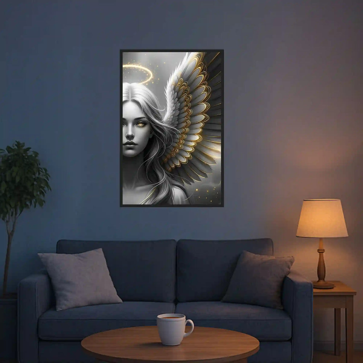 Diamond Painting Set Golden Angel: Mystisches Porträt einer Frau mit strahlenden Goldflügeln als elegante Wanddekoration.