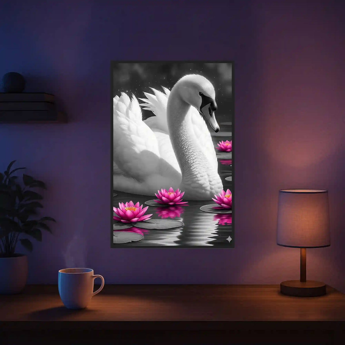 Diamond Painting Set Schwan auf dunklem Wasser mit leuchtend rosa Seerosen, im eleganten schwarz-weißen Design an der Wand