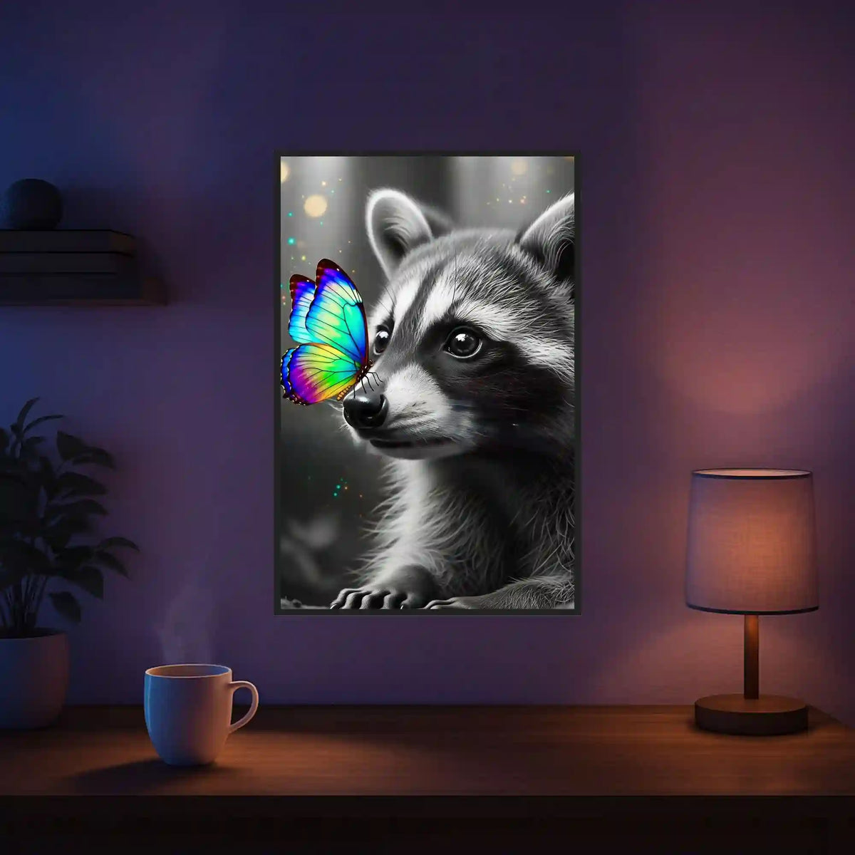 Diamond Painting Set Waschbär mit buntem Schmetterling auf der Nase im schwarz-weiß Kontrast als Wandbild