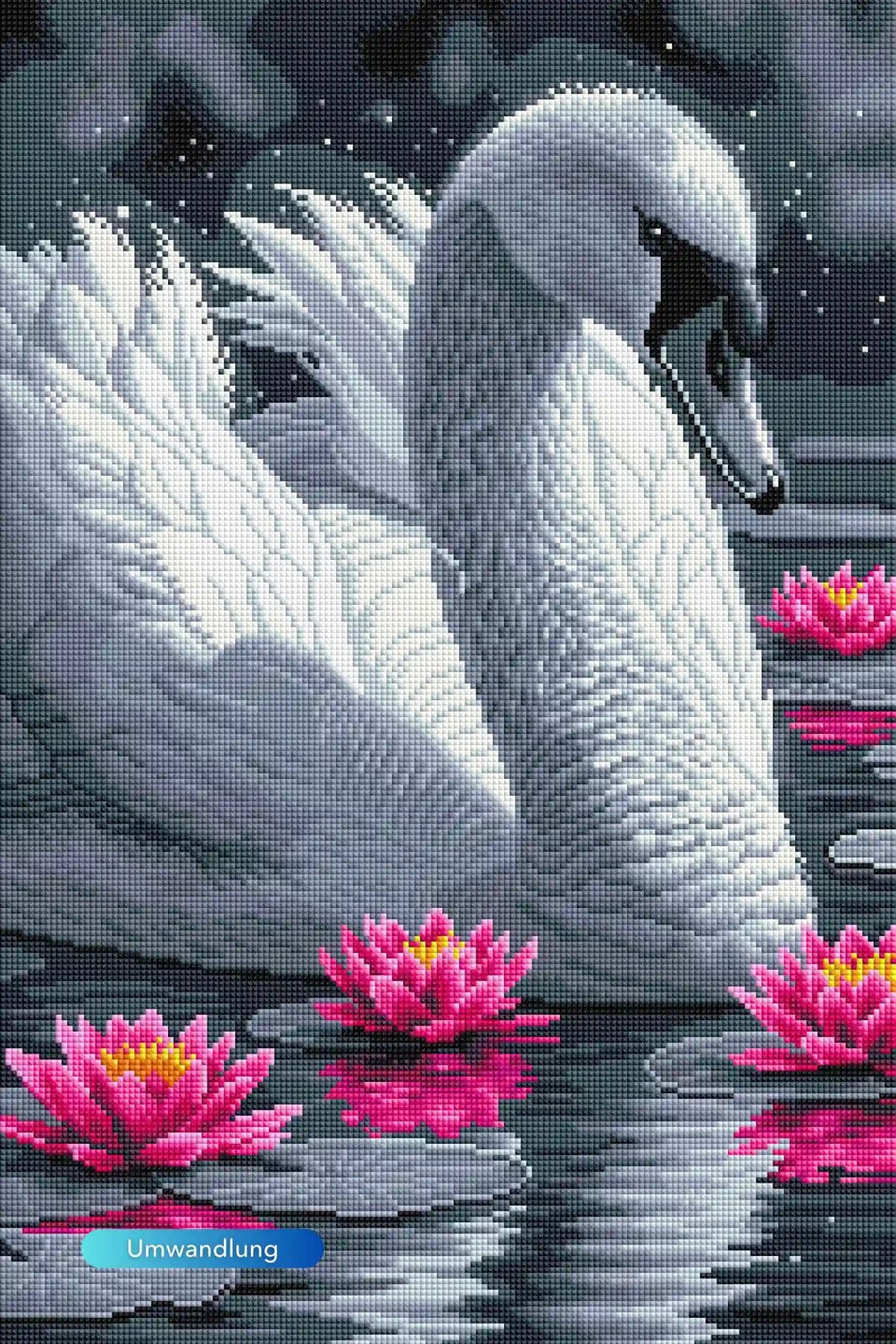 Diamond Painting Set Schwan mit rosa Seerosen im Teich, detaillierte Glitzersteinchen auf dunklem Hintergrund.