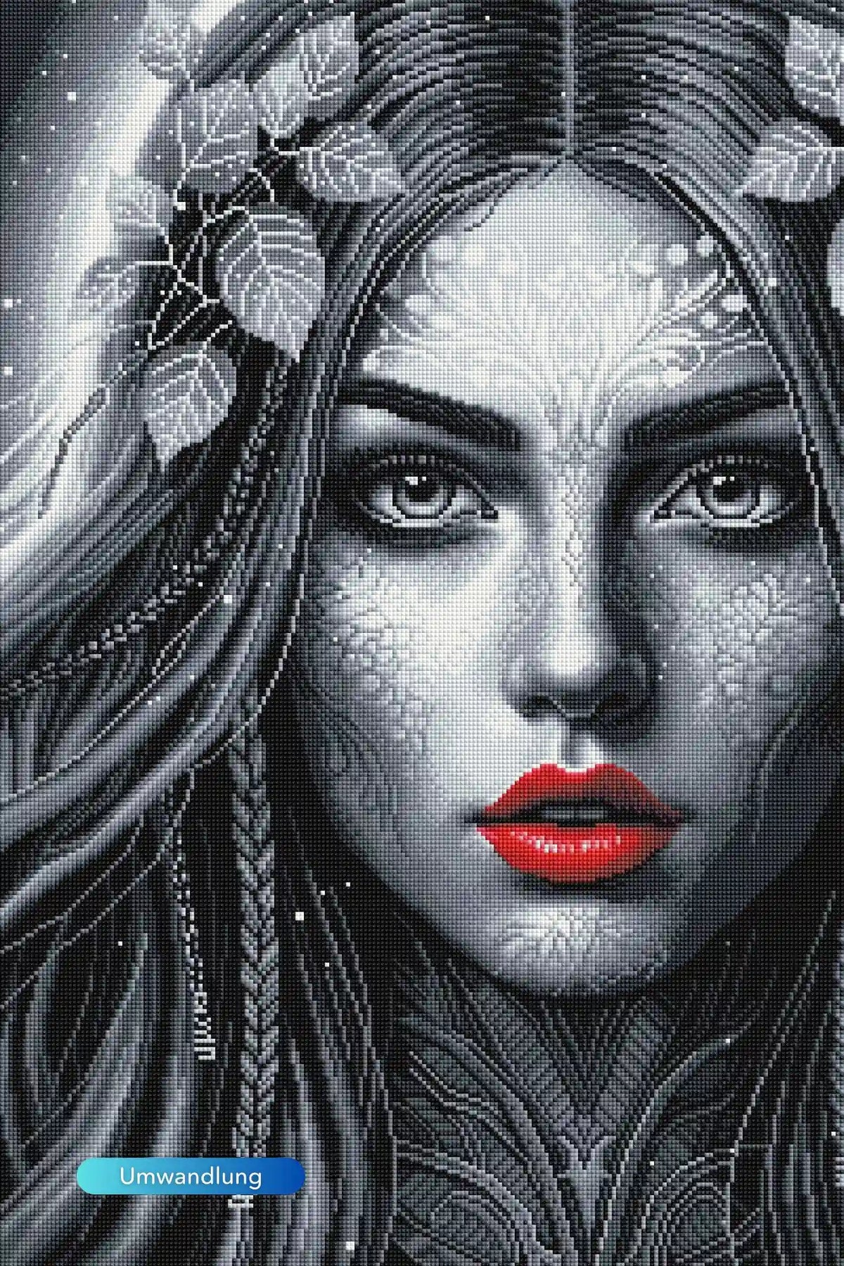 Diamond Painting Set Red Lips: Schwarz-weiß Porträt einer Frau mit Blättern im Haar und leuchtend roten Lippen