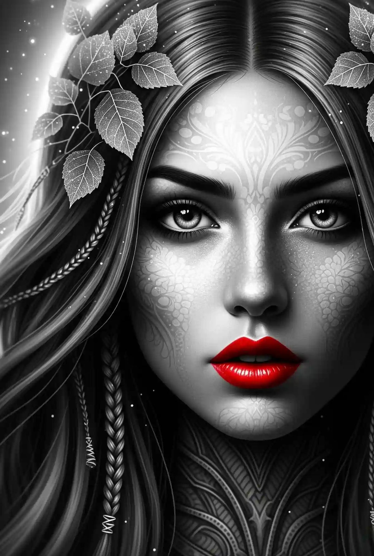 Diamond Painting Set Red Lips mit Porträt einer Frau, schwarz-weißem Motiv und leuchtend roten Lippen als Farbakzent.