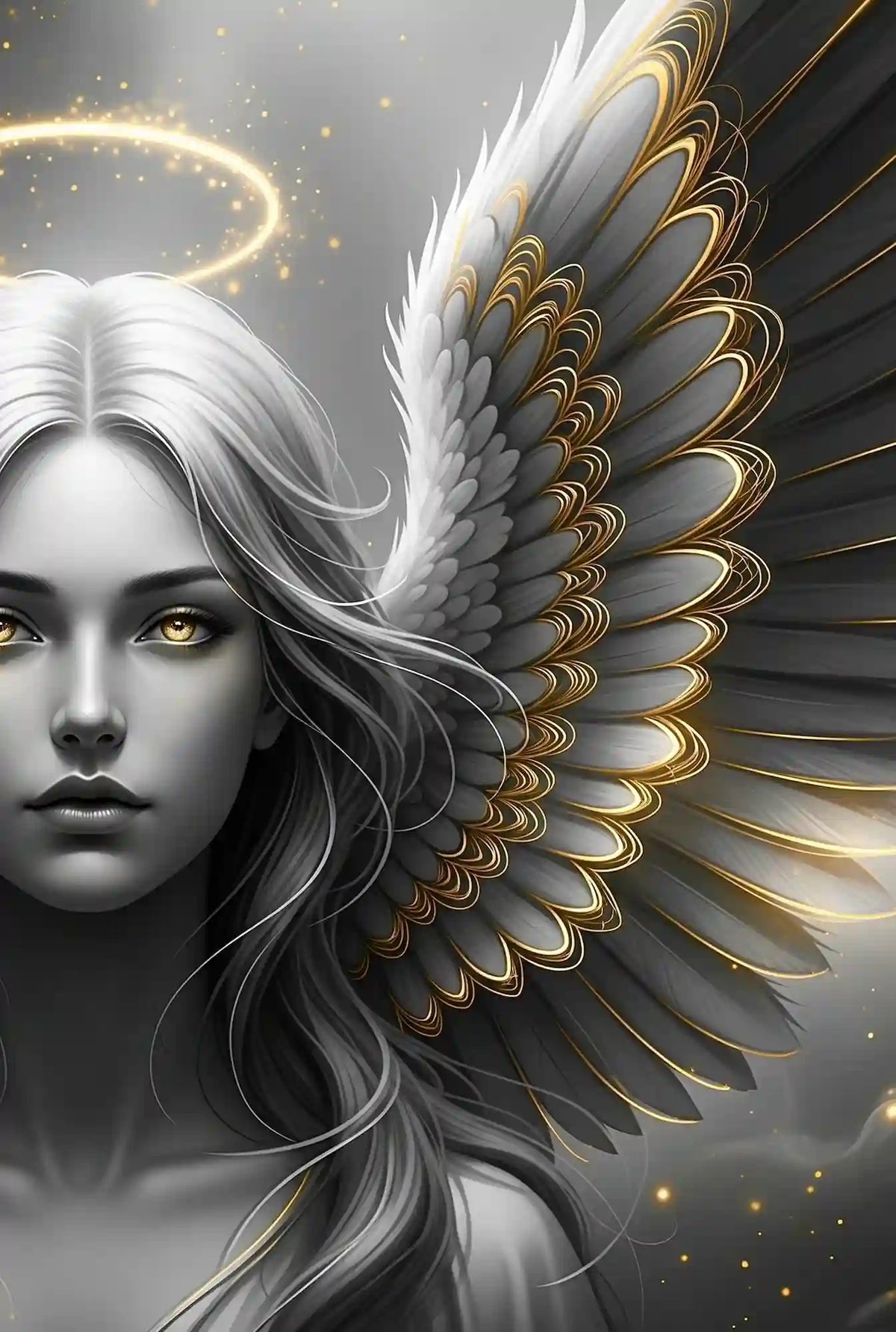 Diamond Painting Set Golden Angel mit Engel und goldenen Flügeln in Schwarz-Weiß-Optik für ein mystisches Portrait
