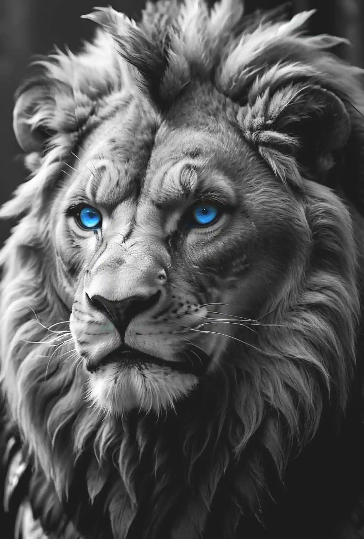 Diamond Painting Löwe Porträt in Schwarzweiß mit leuchtend blauen Augen und detaillierter Mähne für DIY-Bastelsets