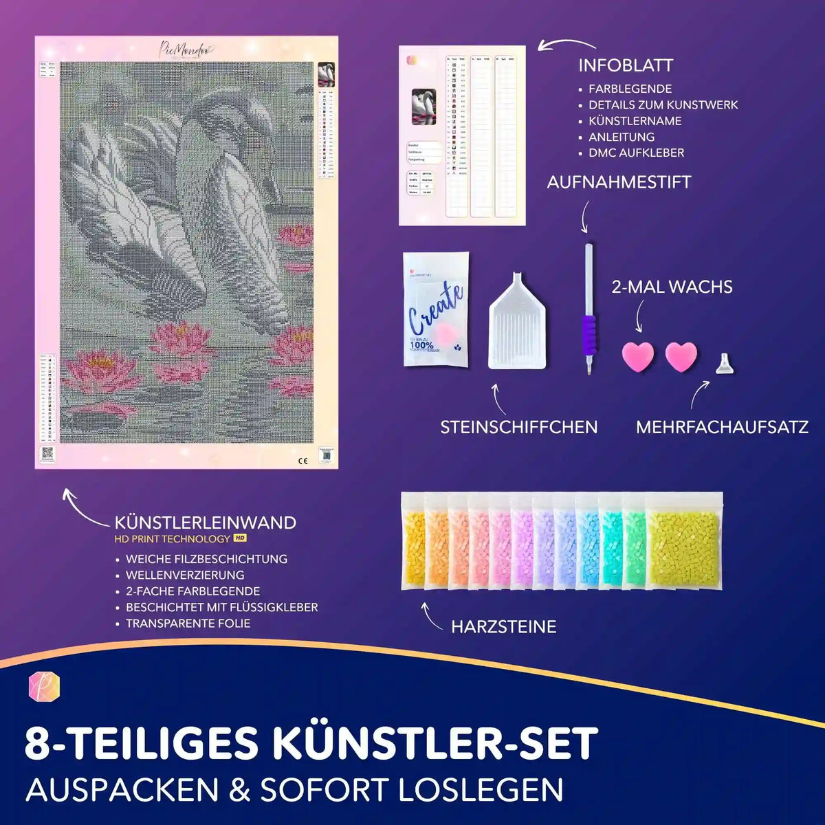 Diamond Painting Set Schwan im Seerosensee mit Leinwand, bunten Steinen, Stift und Zubehör für DIY Kunstwerke.